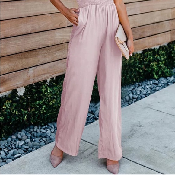 Women’s Pink Ruffle Sleeve/Spaghetti Strap High waist, wide leg jumpsuit - Picture 4 of 6